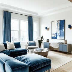 Modern living room, blue velvet sectional sofa, natural light, large windows, white curtains, wooden floor, round coffee table, minimalist decor, abstract wall art, gray console table, coastal vibes, 