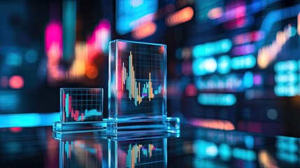 A series of translucent, vertical display panels stand on a sleek surface,