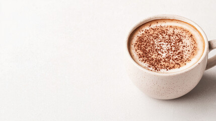 Creamy cappuccino with frothy top in speckled cup isolated design on white background