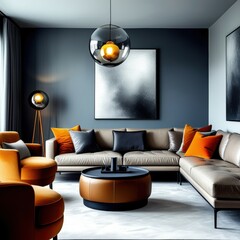 modern living room, dark blue walls, large grey sectional sofa, orange accent pillows, round leather ottoman, dramatic lighting, pendant light fixture, abstract art, minimalist design, high contrast, 