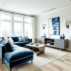 Modern living room, blue velvet sectional sofa, natural light, large windows, white curtains, wooden floor, round coffee table, minimalist decor, abstract wall art, gray console table, coastal vibes, 