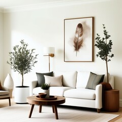 Minimalist living room, neutral color palette, white sofa, mid-century modern furniture, framed feather artwork, potted indoor tree, wooden coffee table, throw pillows, natural light, Scandinavian des