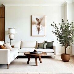 Minimalist living room, neutral color palette, white sofa, mid-century modern furniture, framed feather artwork, potted indoor tree, wooden coffee table, throw pillows, natural light, Scandinavian des