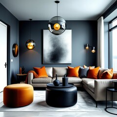 modern living room, dark blue walls, large grey sectional sofa, orange accent pillows, round leather ottoman, dramatic lighting, pendant light fixture, abstract art, minimalist design, high contrast, 