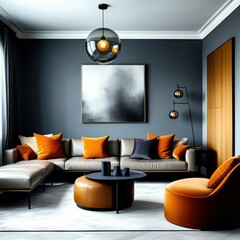 modern living room, dark blue walls, large grey sectional sofa, orange accent pillows, round leather ottoman, dramatic lighting, pendant light fixture, abstract art, minimalist design, high contrast, 