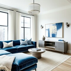 Modern living room, blue velvet sectional sofa, natural light, large windows, white curtains, wooden floor, round coffee table, minimalist decor, abstract wall art, gray console table, coastal vibes, 