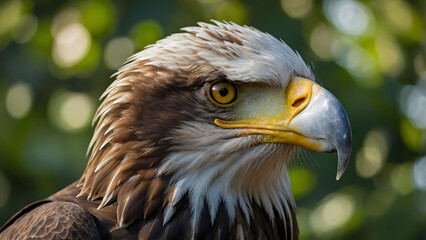 Fototapeta premium A close-up of an eagle's head, highlighting its piercing golden eyes and sharply curved beak, set against a softly blurred natural background of lush greenery, ultra-detailed and perfect for wildlife 