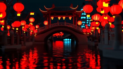 Obraz premium Majestic golden bridge arching gracefully over a serene river set against a vibrant Chinese New Year backdrop with a text placeholder for added versatility