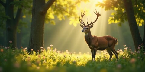 Majestic stag silhouetted in sunbeams, amidst a vibrant meadow, surrounded by the tranquil beauty of a sun-dappled forest