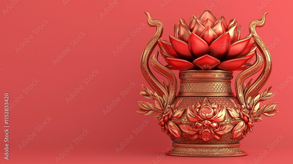 Poster auspicious symbols in soft gold and red balanced composition with reserved space for text 3d of an a