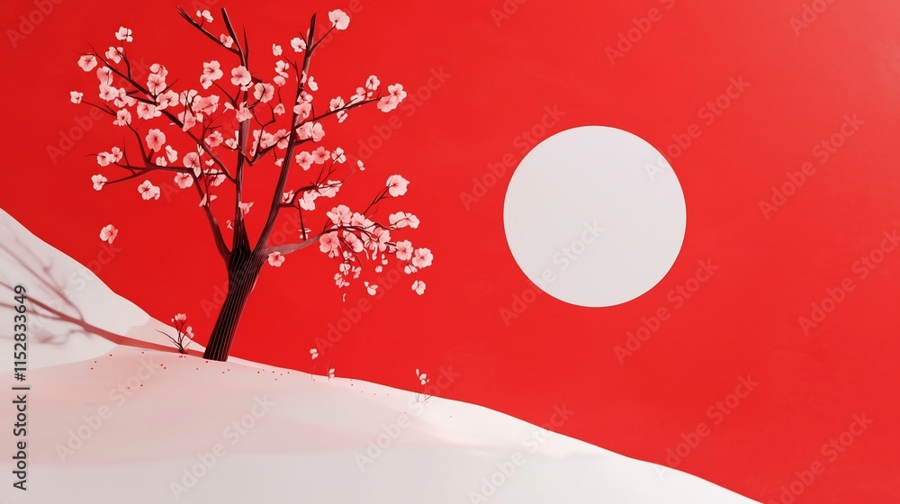 Poster breathtaking 3d featuring blossoming plum trees set against a radiant red sky creating a captivating