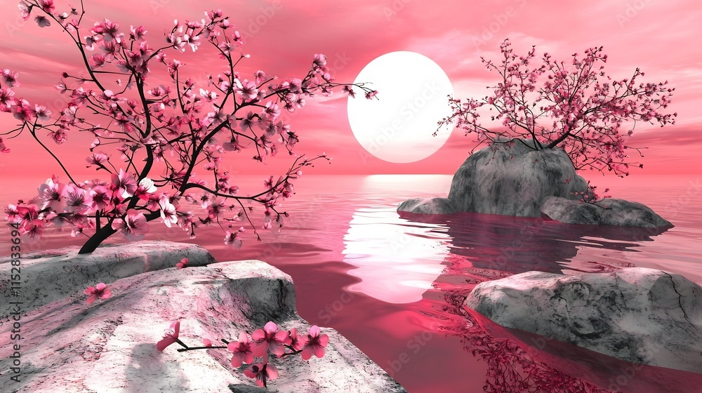 Poster stunning 3d depicting blossoming plum trees set against a radiant red sky backdrop providing an eleg
