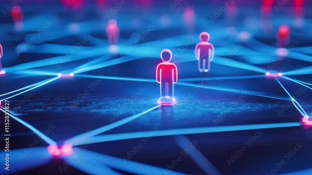 Poster abstract network of connections with colorful digital figures on a blue platform.
