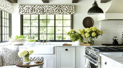 Bright kitchen with white cabinets, farmhouse sink, and patterned window treatment.
