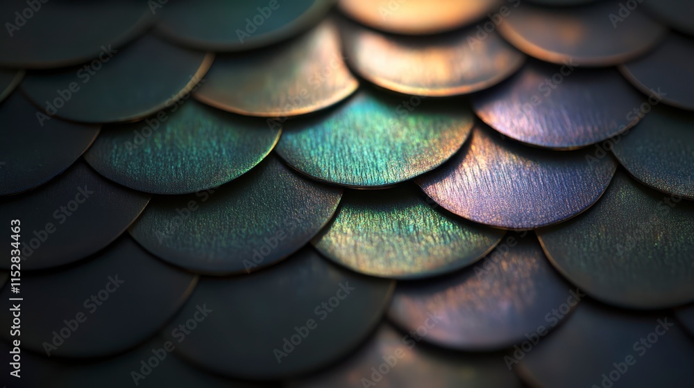 Poster a close-up of iridescent scales, showcasing shimmering colors and a textured surface that resembles 