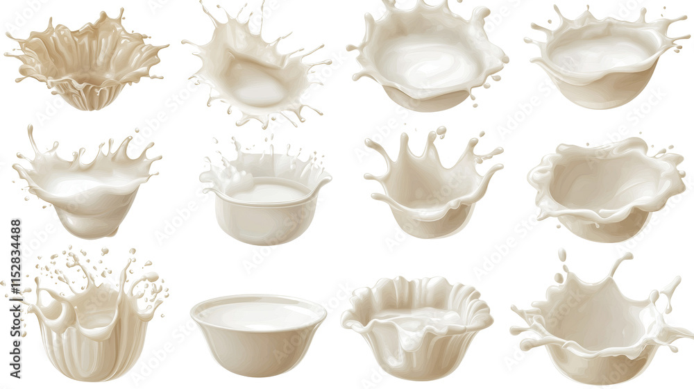 Poster set of milk or cream splashes isolated transparent background