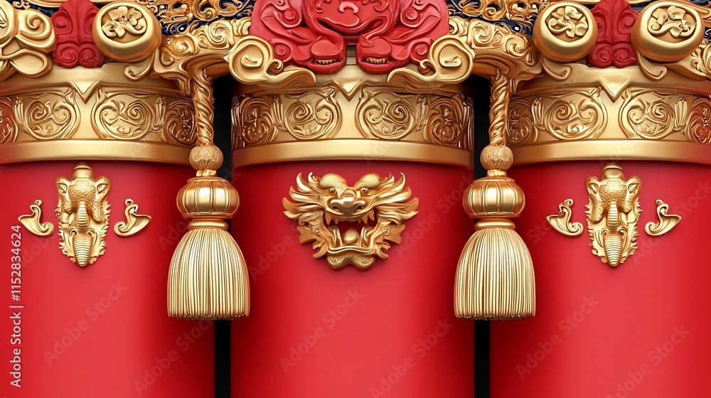 Poster detailed 3d of a minimalist red and gold high temple design with an integrated text area the archite
