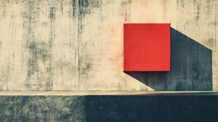 A minimalist composition featuring a red square casting a shadow on a textured concrete wall.