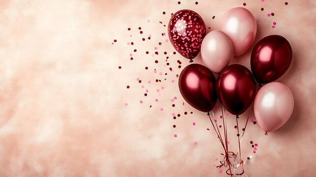 Elegant Rose Gold Balloons Celebrate Joyfully on Peach Background: High-Angle Photo. AI Generated