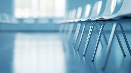 Fototapeta premium Minimalist arrangement of modern chairs in a spacious office environment, showcasing a sleek design and clean aesthetic.