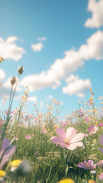 Fototapeta A beautiful, sun-drenched spring summer meadow. Natural colorful panoramic landscape with many wild flowers of daisies against blue sky. A frame with soft selective focus. 