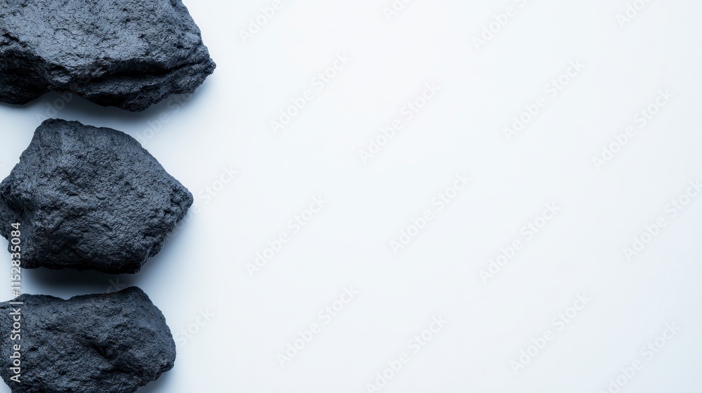Poster a minimalistic image featuring several black rocks on a plain white surface, emphasizing contrast an
