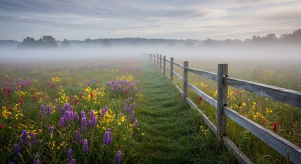 Obraz premium Colorful wildflowers bloom in a vast meadow, alongside a rustic wooden fence under a cloudy sky