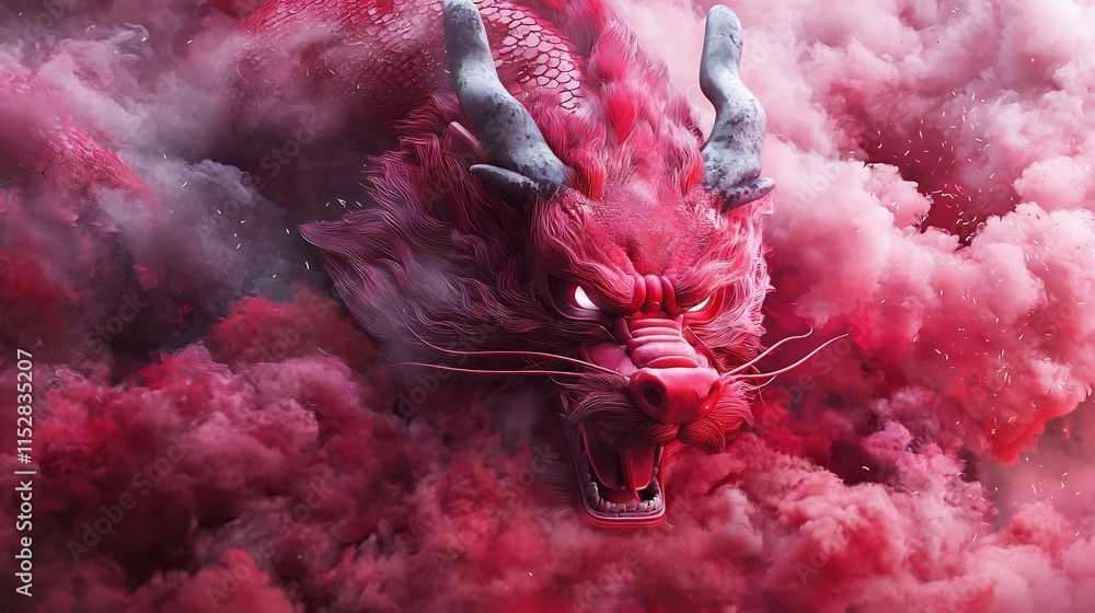 Poster vibrant and dynamic 3d of a traditional dragon dance performance featuring bold red and gold hues an