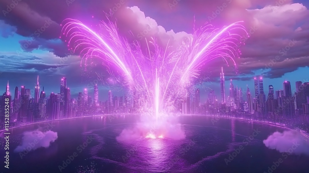 Aufkleber 3d showcasing a breathtaking display of radiant fireworks exploding over a captivating cityscape cre