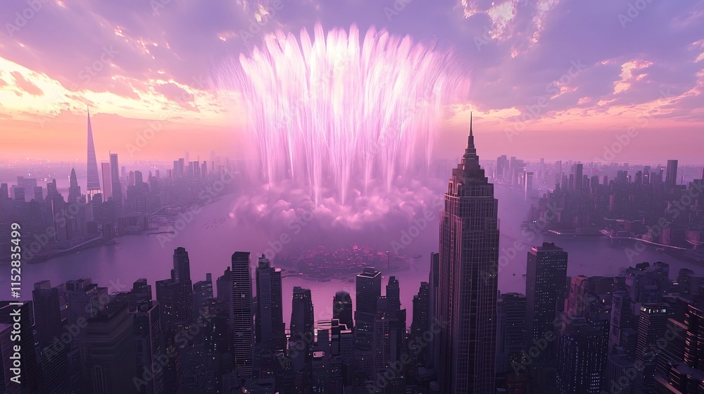 Poster radiant fireworks display bursting over a captivating metropolitan skyline featuring a subtle text a