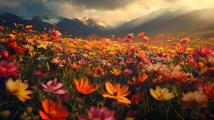 Fototapeta premium A beautiful, sun-drenched spring summer meadow. Natural colorful panoramic landscape with many wild flowers of daisies against blue sky. A frame with soft selective focus. 