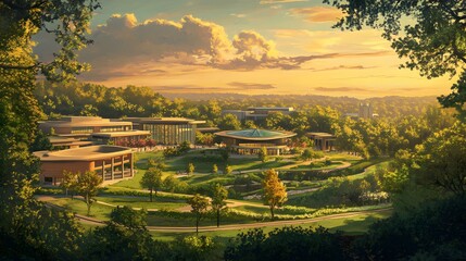 Sunset view of a serene university campus with modern buildings