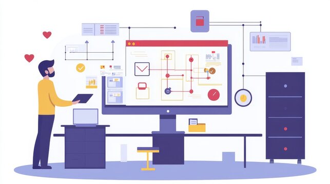 Businessman or engineer working on business process automation or algorithm with flowchart on computer screen