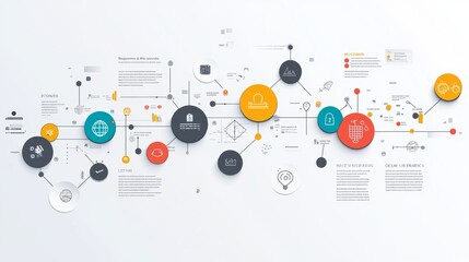 Minimal 7 Steps Infographic Timeline Template Presentation with Circular Elements, Icons and Text Boxes. Vector illustration.