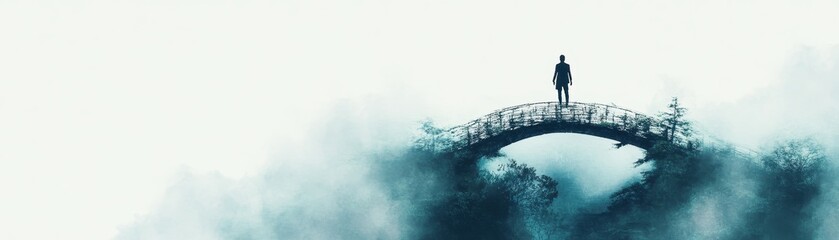 A man stands on a bridge over a body of water