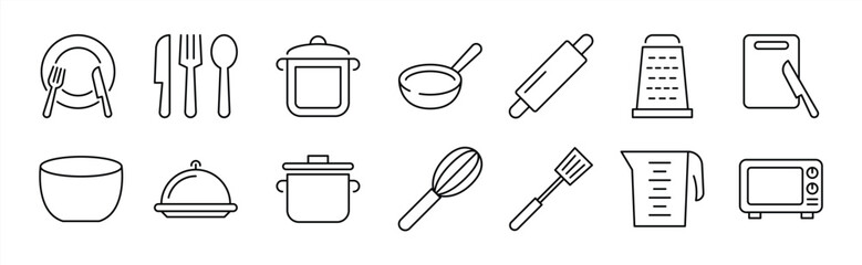 set of kitchen cooking thin line icon. contain kitchen appliance, fork, spoon, knife, frying pan, plate, spatula, oven, kitchen essentials icon collections. vector illustration