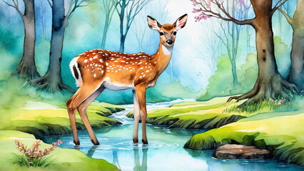 Spotted deer standing by a calm stream in a lush forest, surrounded by vibrant greenery
