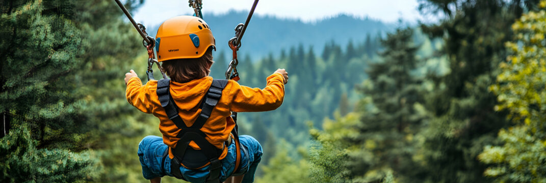 Child Soaring Through Forest Canopy on Zipline, Adventure Thrills in Nature's Embrace