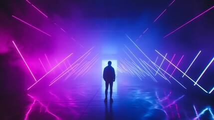 Silhouette Mysteriously Stands in Vibrant Neon Corridor Photo. AI Generated
