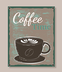 Coffee time poster. Cup with hot drink. Coffee shop, cafe or restaurant. Aroma and beverage. Cappuccino and mochaccino. Retro banner or cover. Flat vector illustration