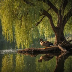 A golden-furred duck resting beneath a willow tree by a tranquil lakeshore.