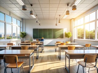 Empty Modern Classroom: Daylight, Desk, Blackboard, Learning Space - Stock Photo