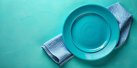 Fototapeta premium Empty Blue Plate Top View, Food Dish Mockup, Round Plate on Tablecloth, Close-Up Photography, Culinary Background, Napkin, Design Space