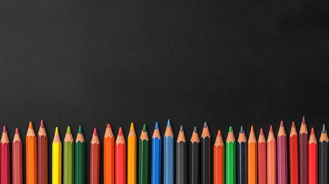 Colorful Wooden Pencil Wave Border on Blackboard - Back to School Vertical Concept