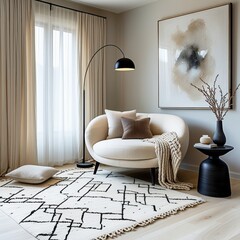Elegant living room, modern minimalist interior, neutral color palette, two cream-colored armchairs, abstract wall art, curved floor lamp, geometric patterned rug, beige curtains, large window, natura