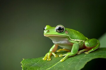 Obraz premium Macro Photography of Bright Green Tree Frog on Leaf Against Vibrant Green Background