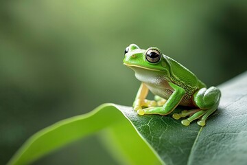 Fototapeta premium Captivating Macro Shot of a Bright Green Tree Frog Amidst Lush Green Background in Natural Habitat Showcasing Wildlife Beauty