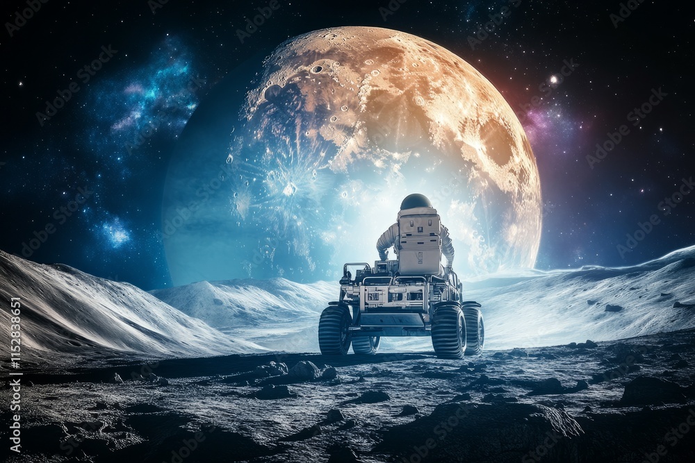 Poster a man in a spacesuit is driving a rover on a planet
