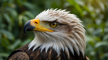 Fototapeta premium A close-up of an eagle's head, highlighting its piercing golden eyes and sharply curved beak, set against a softly blurred natural background of lush greenery, ultra-detailed and perfect for wildlife 