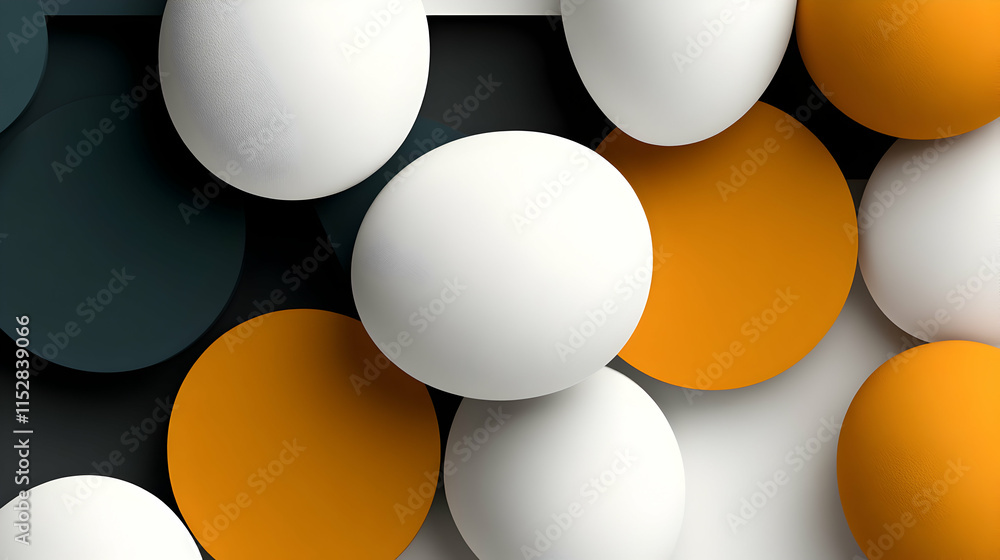 Poster abstract background, white and orange spheres overlap on dark surface, creating a modern and elegant